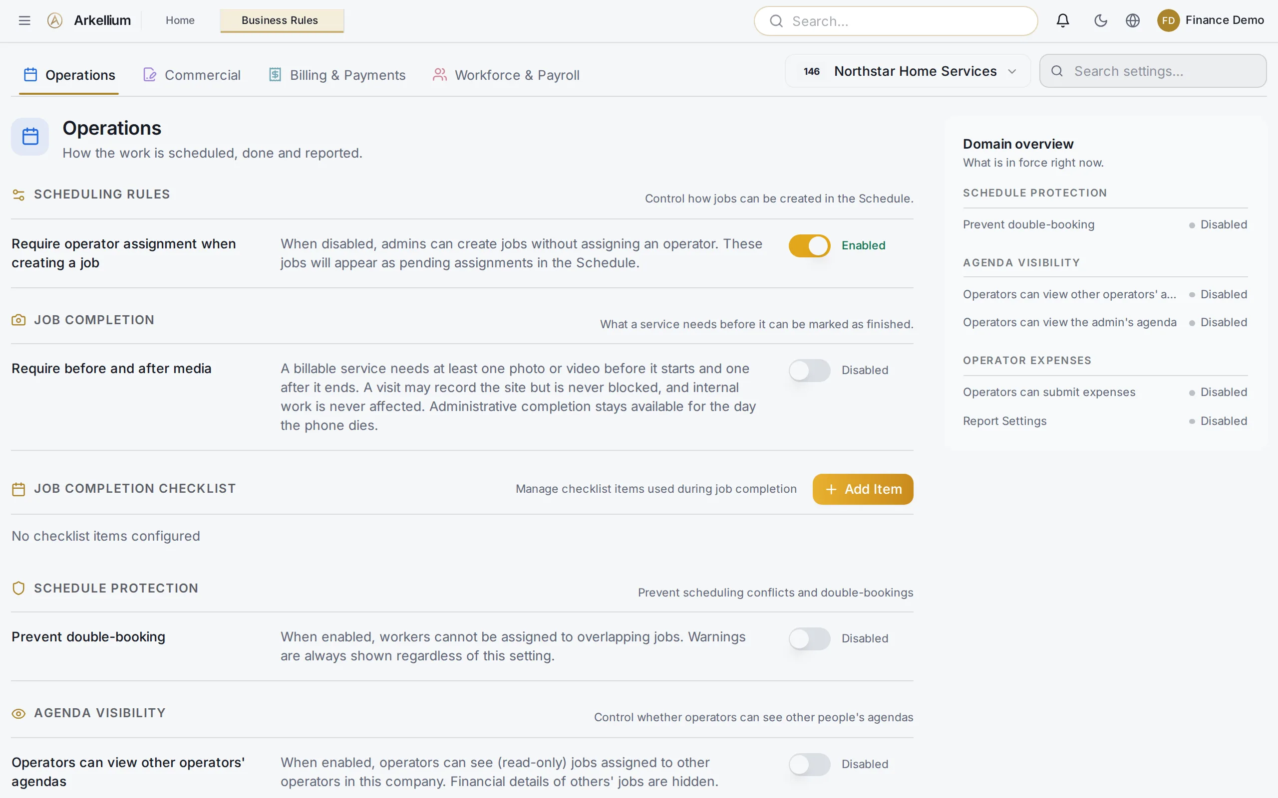 Arkellium Business Rules for operations: scheduling rules, job completion requirements, schedule protection and agenda visibility settings.
