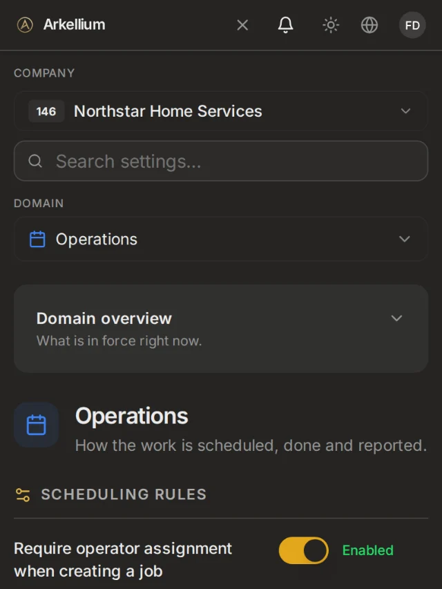 Arkellium Business Rules for operations: scheduling rules, job completion requirements, schedule protection and agenda visibility settings.