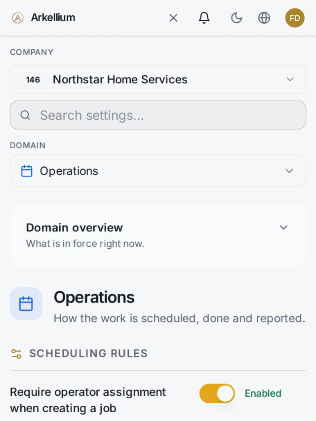 Arkellium Business Rules for operations: scheduling rules, job completion requirements, schedule protection and agenda visibility settings.