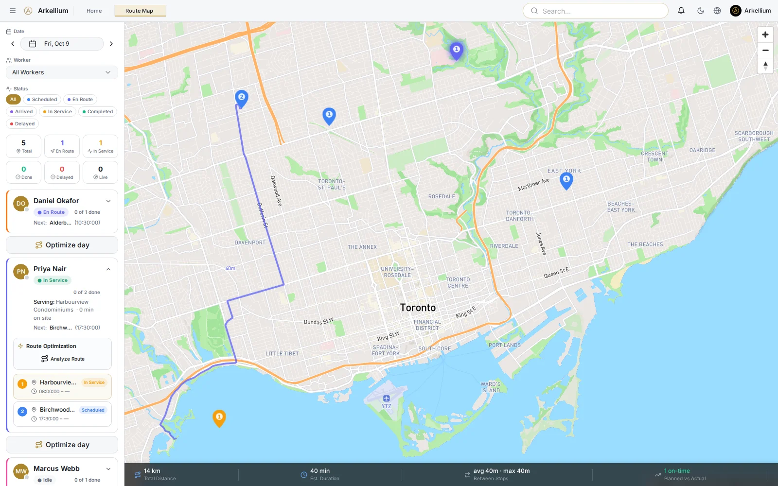 Arkellium route map of Toronto showing a crew's stops for the day, with a worker panel and a distance and time summary.