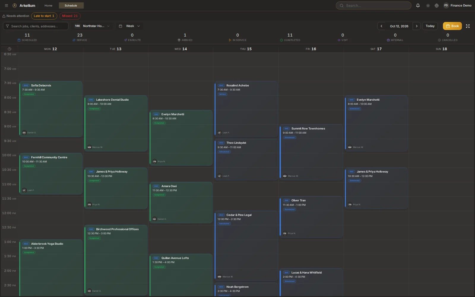 Arkellium schedule: a weekly board of jobs by day, with status colours and the assigned operator on each card.